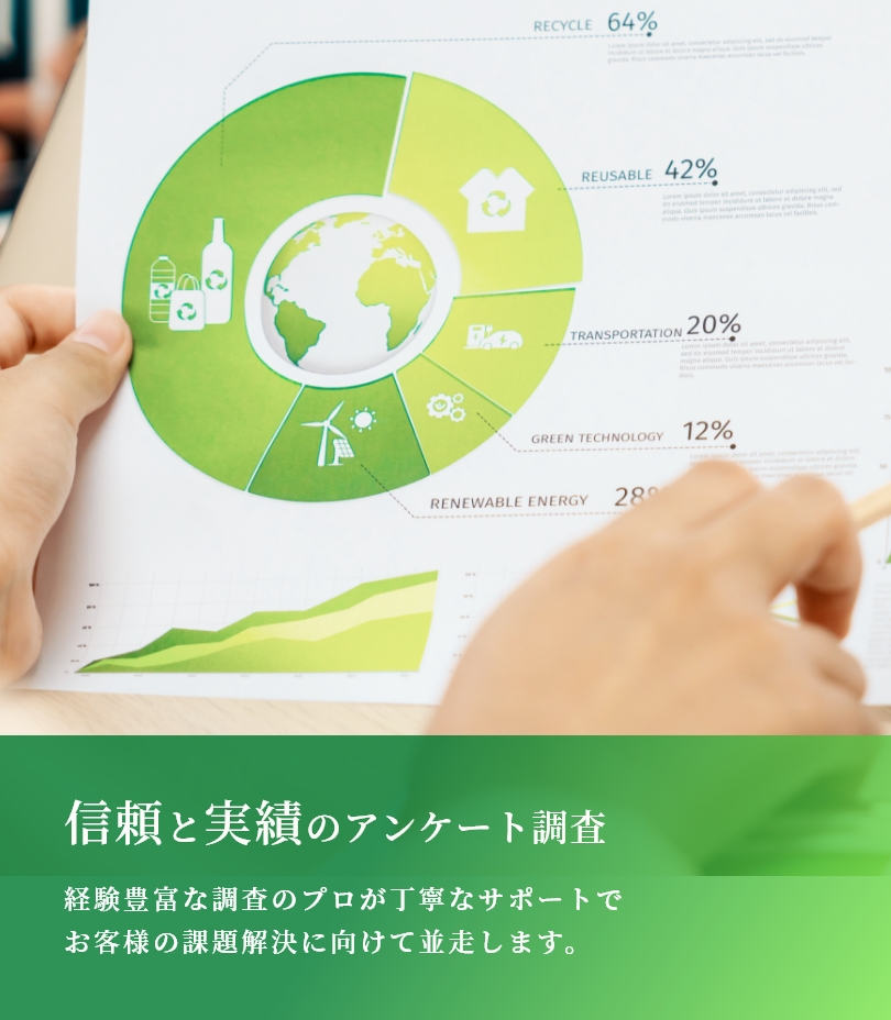 信頼と実績のアンケート調査　経験豊富な調査のプロが丁寧なサポートでお客様の課題解決に向けて並走します。